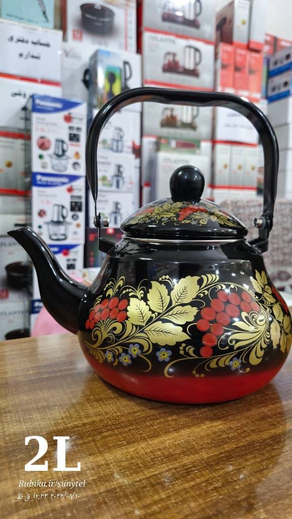 کتری لعابی ۲ لیتری مشکی گلدار انگور 